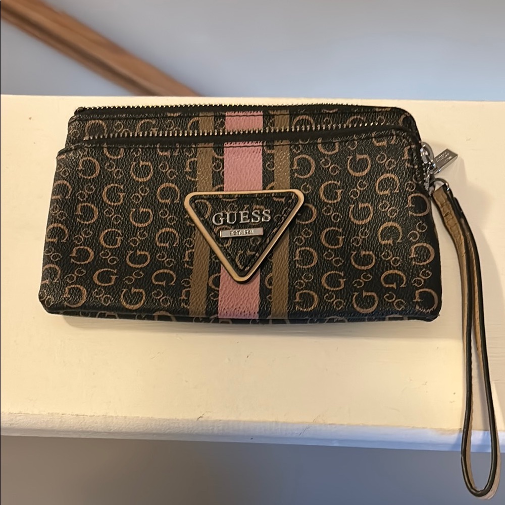 GUESS Monogram Wristlet with Pink Stripe